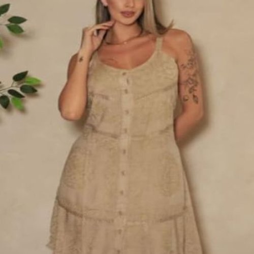 Ladies Biege Embroidered Cotton V Neck Short Dress