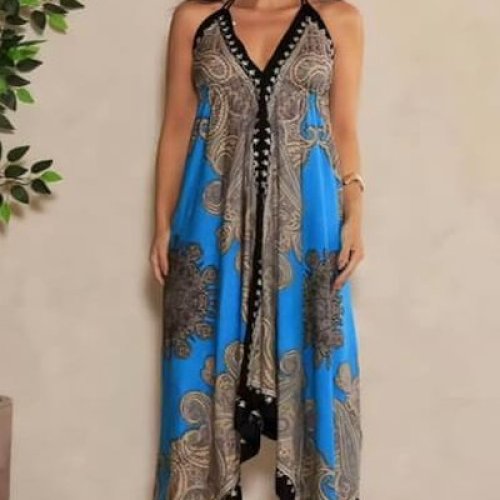 Ladies Black and Skye Blue Printed Halter Neck Silk Handkerchief Dress