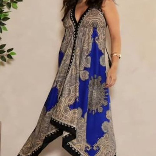 Ladies Blue and Black Printed Halter Neck Silk Handkerchief Dress