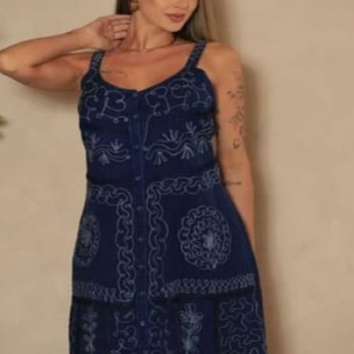 Ladies Blue Embroidered Cotton V Neck Short Dress