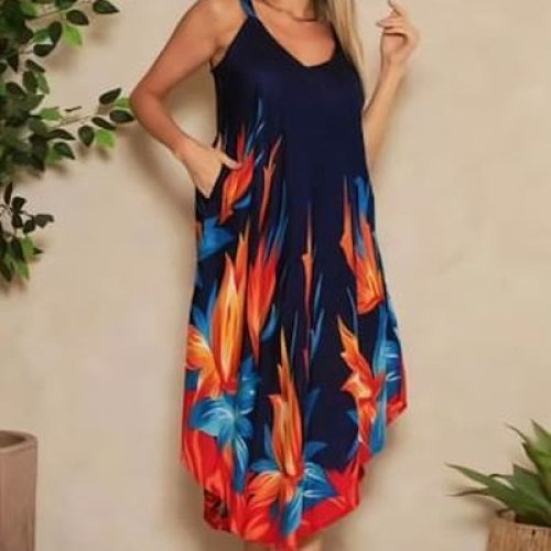 Ladies Blue Flower Printed Satin V Neck Maxi Dress