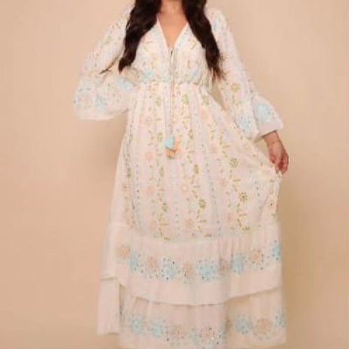 Ladies Cotton Embroidered Full Sleeve A-Line Maxi Dress