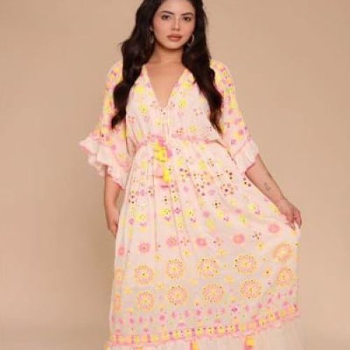 Ladies Cotton Printed V Neck A-Line Maxi Dress