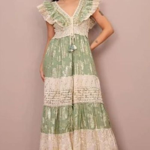 Ladies Cream and Green Cotton Frill Sleeveless A-Line Maxi Dress