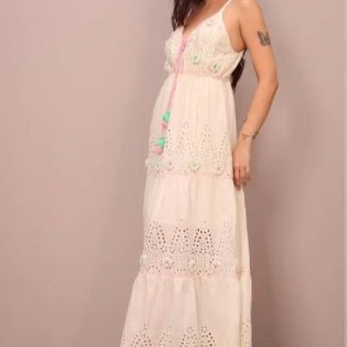 Ladies Cream Cowl Neck Cotton A-Line Maxi Dress