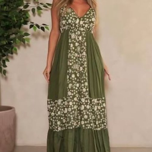 Ladies Green Cotton Printed V Neck Maxi Dress
