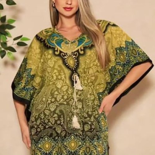 Ladies Green Rayon Printed Kaftan Kurti