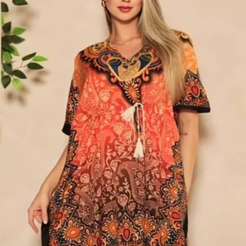 Ladies Orange Rayon Printed Kaftan Kurti