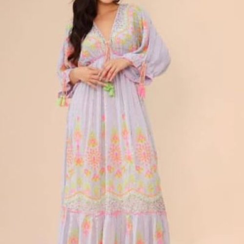 Ladies Pink Embroidered V Neck Cotton A-Line Maxi Dress