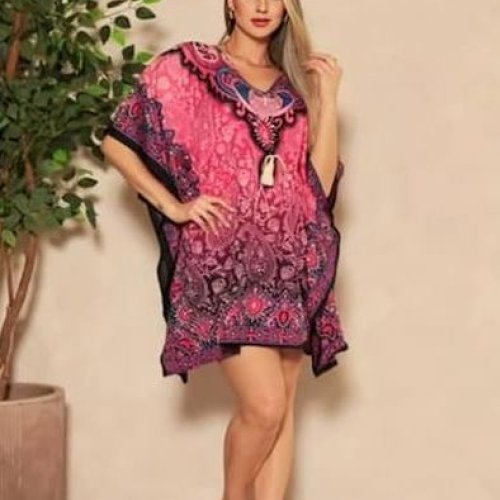 Ladies Pink Rayon Printed Kaftan Kurti