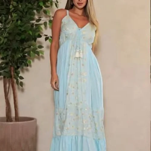 Ladies Sky Blue Cotton Printed V Neck Maxi Dress