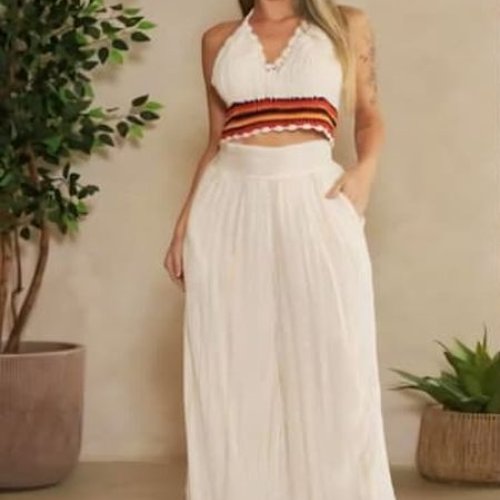 Ladies White Crochet Halter Neck With Palazzo Co-Ord Set