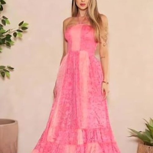 Off Shoulder Pink Cotton Printed Maxi Dress