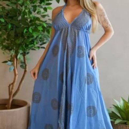 Sea Blue Printed Cotton V Neck Maxi Dress