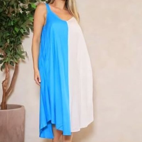 Sky Blue and White Double Tone Cotton V Neck A-Line Midi Dress