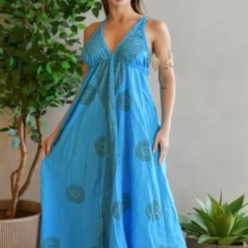 Sky Blue Printed Cotton Halter Neck Maxi Dress