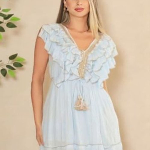 Sky Blue V Neck Frill Wrap Short Dress