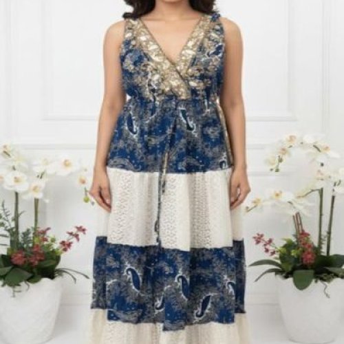 White and Blue Paisley Lace Boho Luxe Gown Long Dress