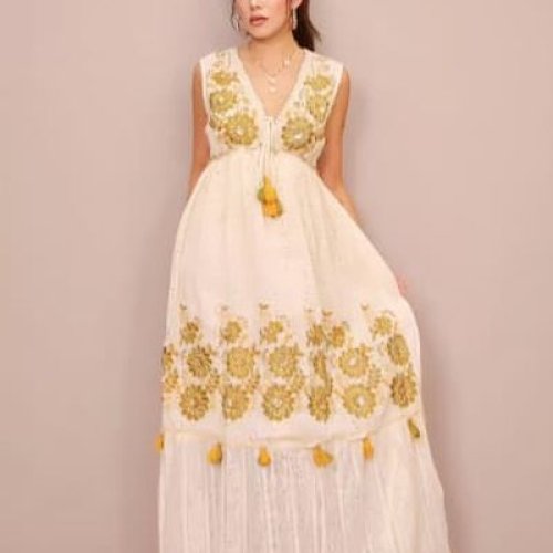 White and Green Floral Printed V Neck Cotton A-Line Maxi Dress