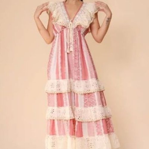 White and Pink Printed V Neck Cotton Frill A-Line Maxi Dress