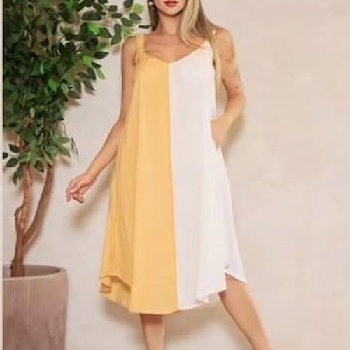 Yellow and White Double Tone Cotton V Neck A-Line Midi Dress