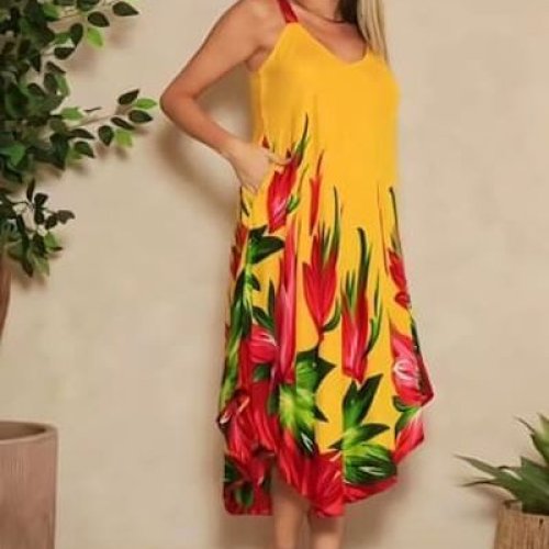 Yellow Flower Printed Satin V Neck Maxi Dress