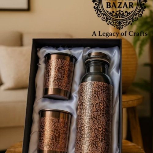 Antique Copper Finish Bottle with 2 Glass Set