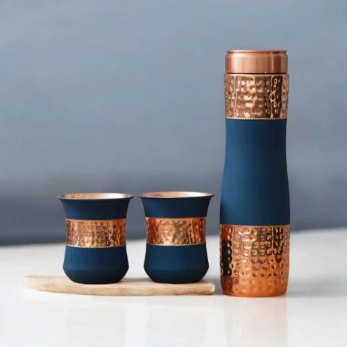 Blue Silk Finish Pure Copper Water Bottle with 2 Glass Set