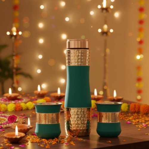 Copper Green Silk Finish Bottle with 2 Glass Set