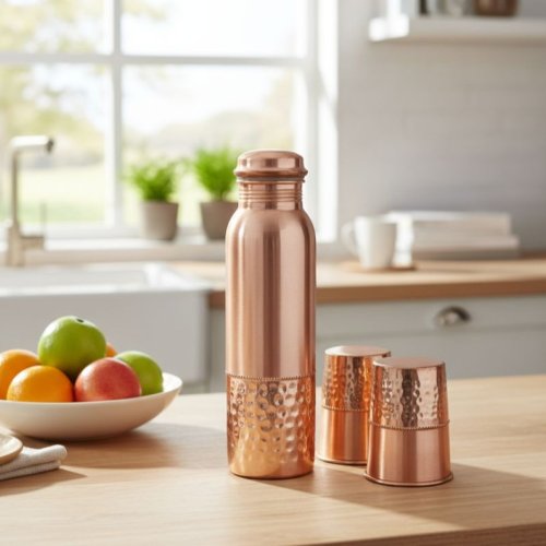 Copper Half Hammered Half Matt Finish Bottle with 2 Glass Set