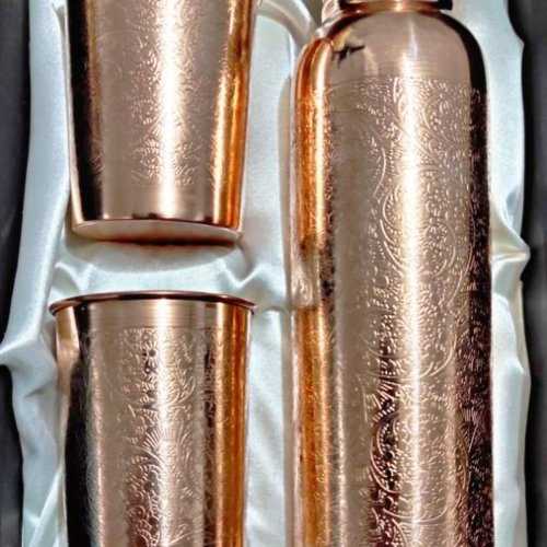 Designer Pure Copper Water Bottle with 2 Glass Set