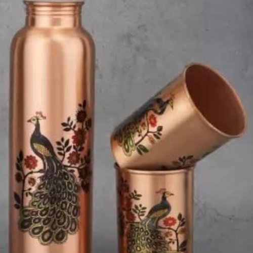 Peacock Printed Pure Copper Water Bottle 2 Glass Set
