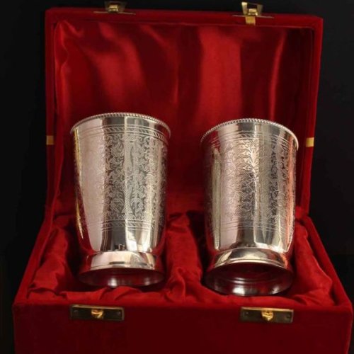 Brass Silver Plated Embossed Design Glass Set