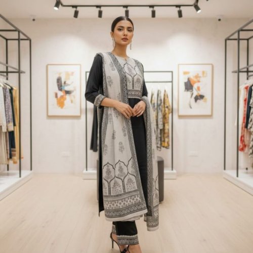 Cotton Black &AMP; White Straight Kurta Set