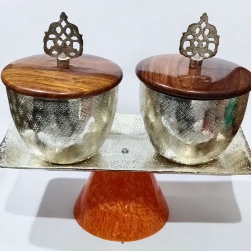 Wooden Lidson Stand Aluminium Tray Bowls Set