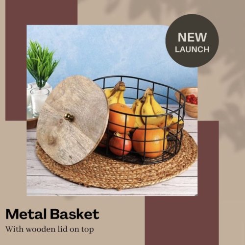 Circular Black Wire Fruit Basket with Wooden Lid