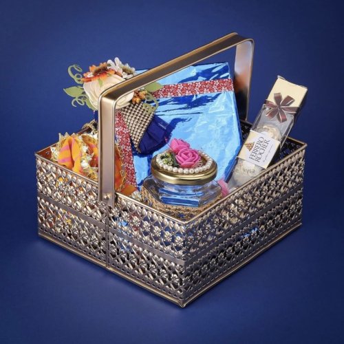 Decorative Golden Gift Hamper Basket with Handle