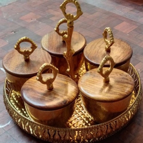 Dry Fruit Serving Metal Bowl with Wooden Lid and Wooden Tray