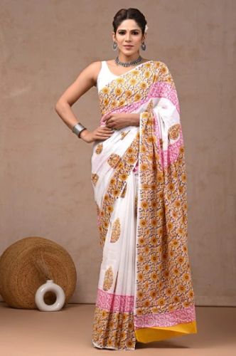 Bagru Hand Block Print Cotton Mulmul Saree