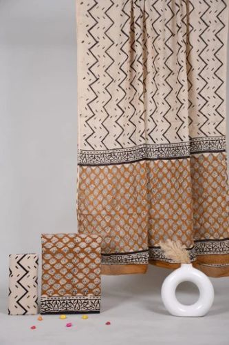 Hand Block Printed Cotton Unstitched Suit with Mulmul Dupatta