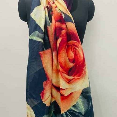 Cotton Silk Square Rose Design Scarf