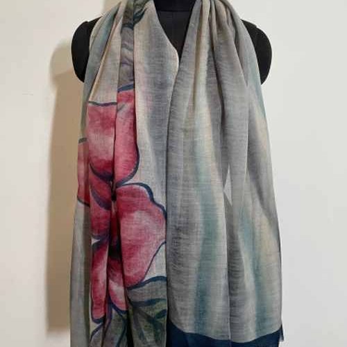 Wool Silk Hand Printed Floral Printed Scarves