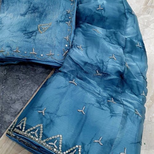 Blue Crushed Designer Saree