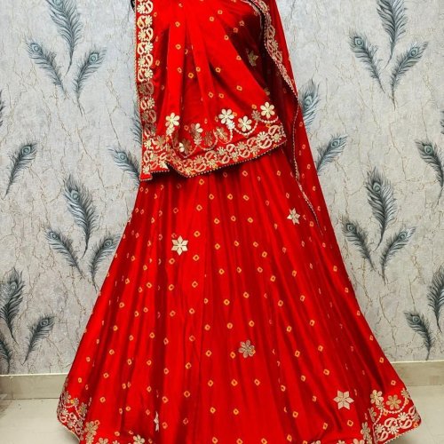Bright Red Embroidered Chinon Silk Lehenga Choli