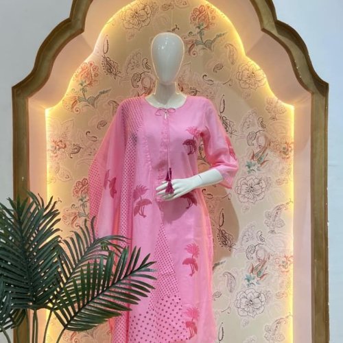 Pink Combric Cotton Printed Ladies Suit Set