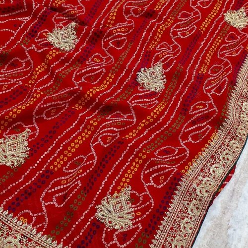 Red Heavy Embroidery Jaipuri Saree