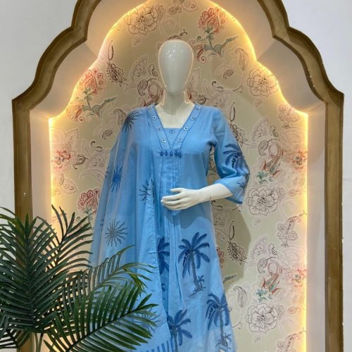 Sky Blue Combric Cotton Printed Ladies Suit Set