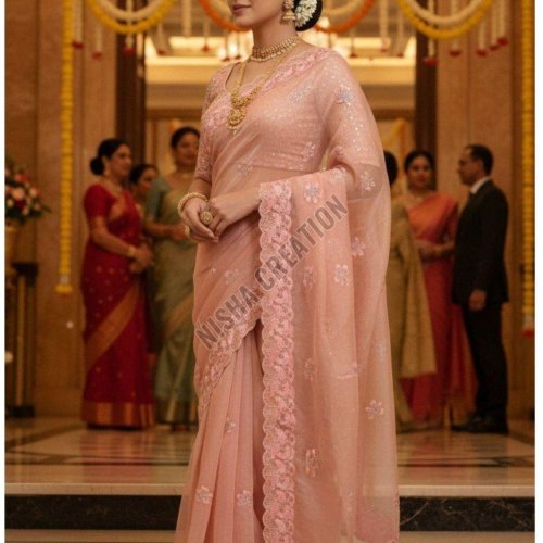 Antique Brass Color Embroidery Silk Saree