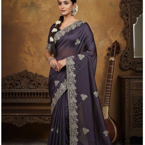 Black Coral Embroidery Silk Saree