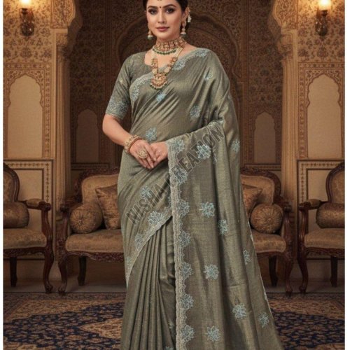Black Olive Embroidery Silk Saree